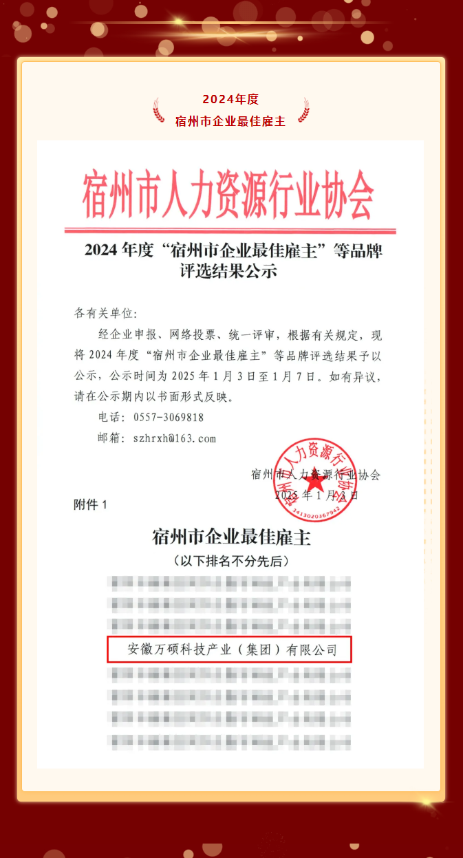喜报 | 安徽EMC易倍(中国)科技产业（集团）有限公司荣获2024年度“宿州市企业最佳雇主”荣誉称号